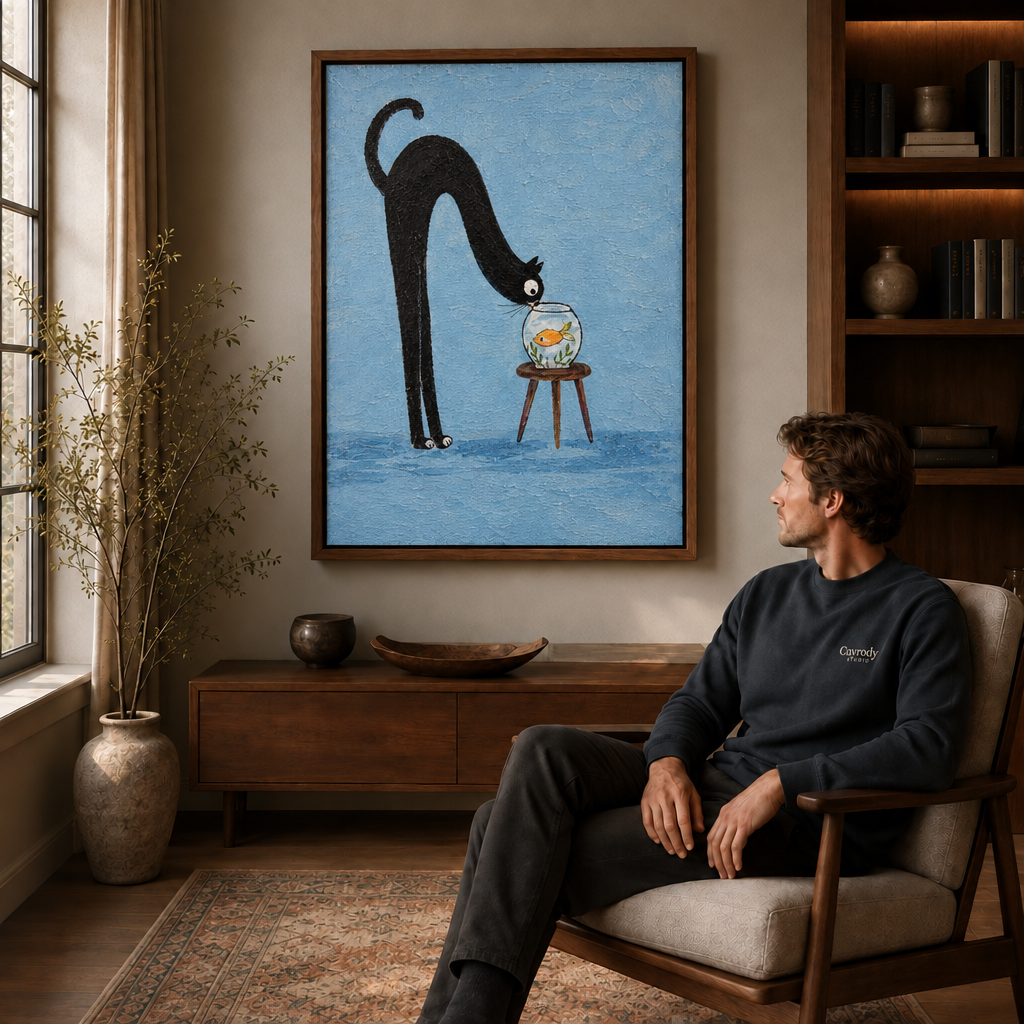 Whimsical black cat canvas wall art displayed beside a seated man in a cozy study