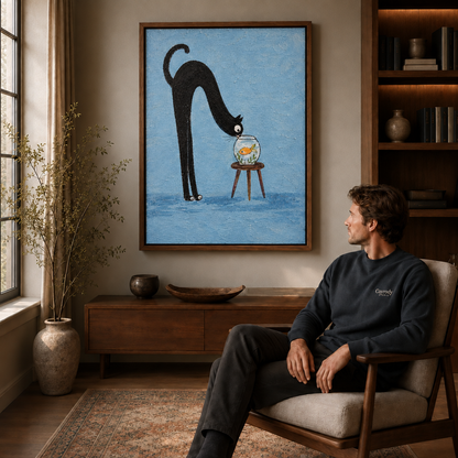 Whimsical black cat canvas wall art displayed beside a seated man in a cozy study