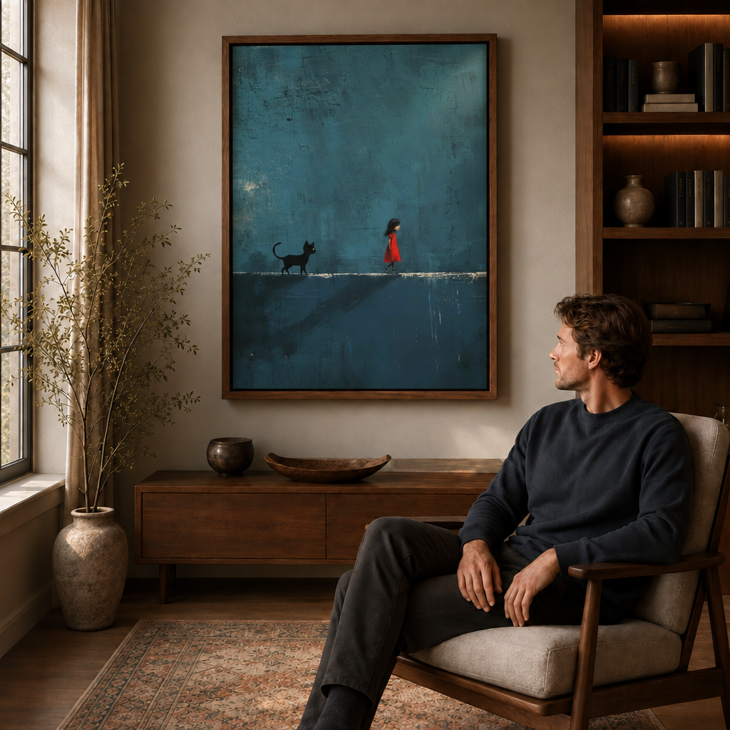 Framed girl and black cat canvas art displayed above a sideboard next to a man in a reading chair