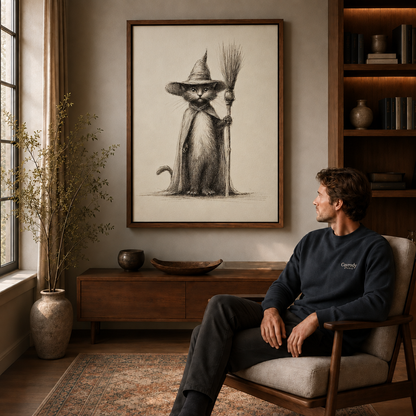 Walnut-framed witch cat canvas wall art above a wooden cabinet, featuring a pointed hat and broom.