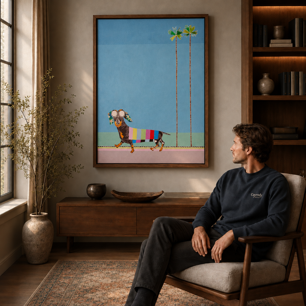 Man seated in a modern lounge admiring a colorful dachshund canvas in a deep walnut frame, natural window light.