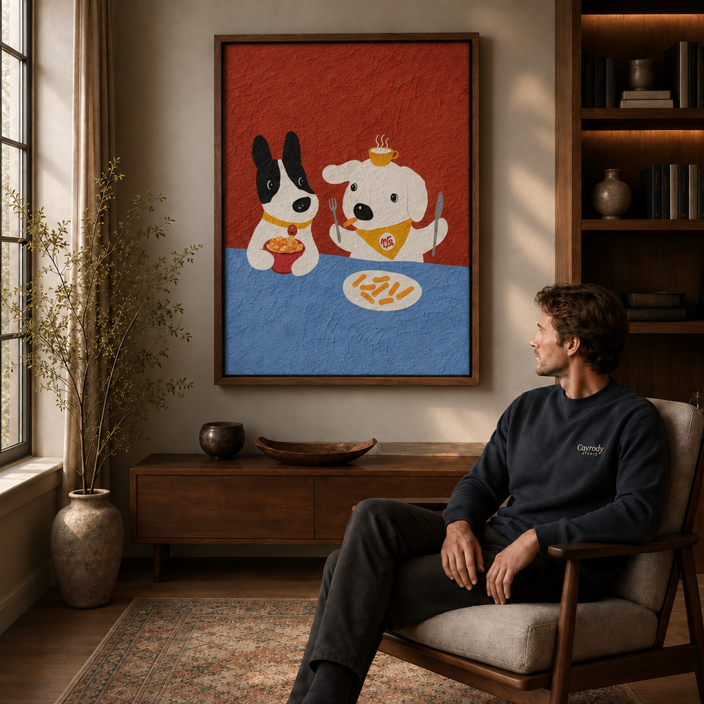 Man seated in a modern lounge admiring a quirky dogs dining canvas in a deep walnut frame, natural window light.
