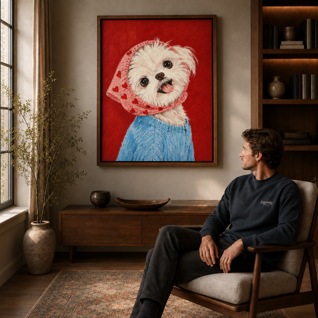 Man seated in a modern lounge admiring a playful Maltese dog canvas in a deep walnut frame, natural window light.