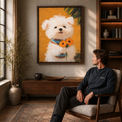 Man in dark sweater seated in a chair beside framed puppy wall art, a fluffy white dog with orange sunflowers.
