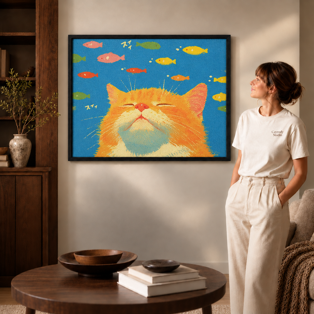 A woman in a cream T-shirt stands beside a black-framed whimsical orange cat canvas with colorful fish on a blue field.