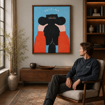 Man in dark sweater seated beside a walnut frame displaying black cat wall art with orange sweater sleeves.