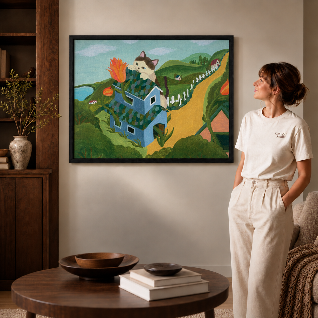 Woman in a cream tee pausing beside the cat house wall art in a slim black frame with soft daylight