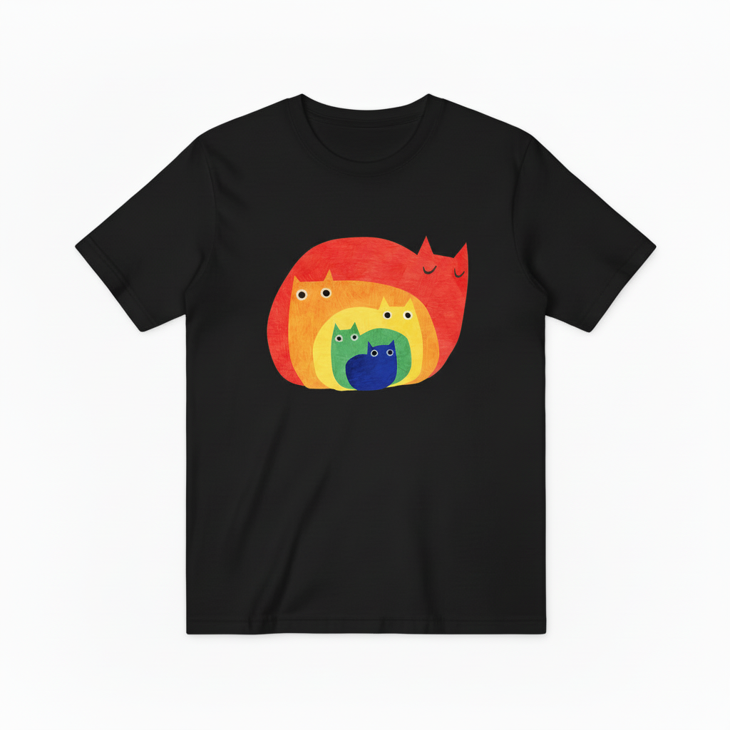 Colorful Rainbow Cat Pile T-Shirt, Unisex Artistic Cat Lover Graphic Tee T4002