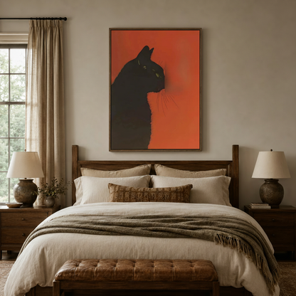 Black cat canvas wall art in warm bedroom above wooden bed with neutral linen bedding and table lamps