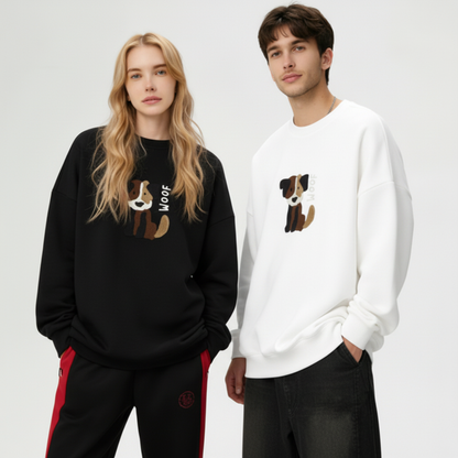 Woof Brown White Dog Graphic Crewneck C1074