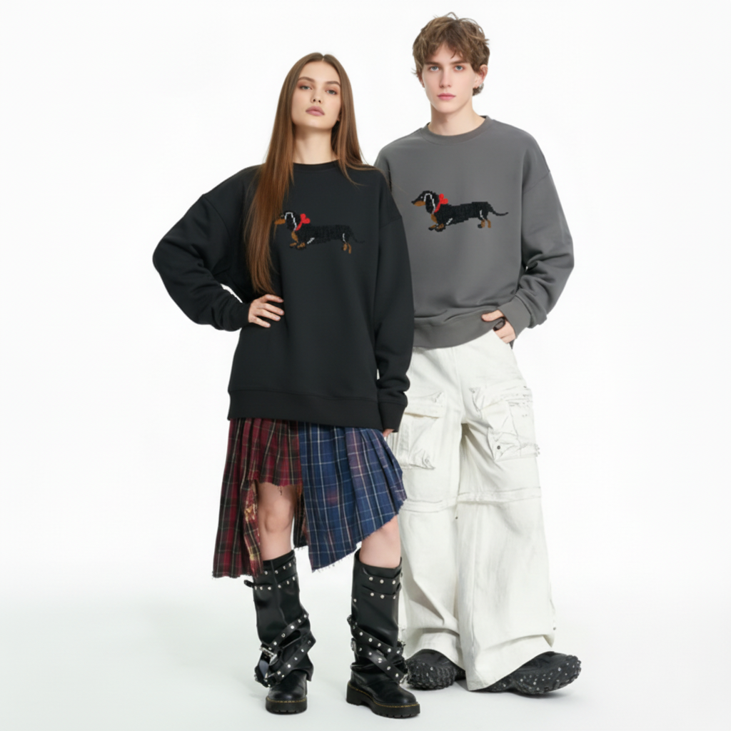 Black Dachshund Walking Red Bow Dog Lover Crewneck C1075