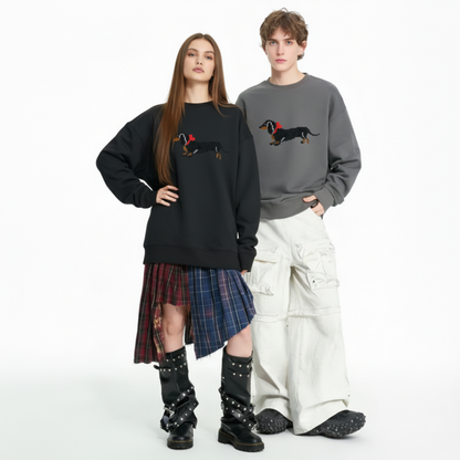Black Dachshund Walking Red Bow Dog Lover Crewneck C1075