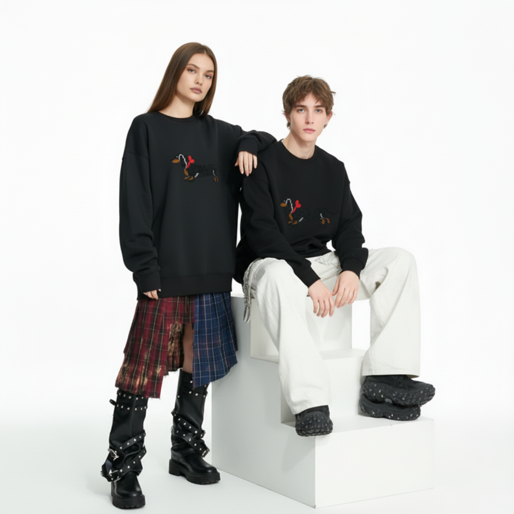 Black Dachshund Walking Red Bow Dog Lover Crewneck C1075