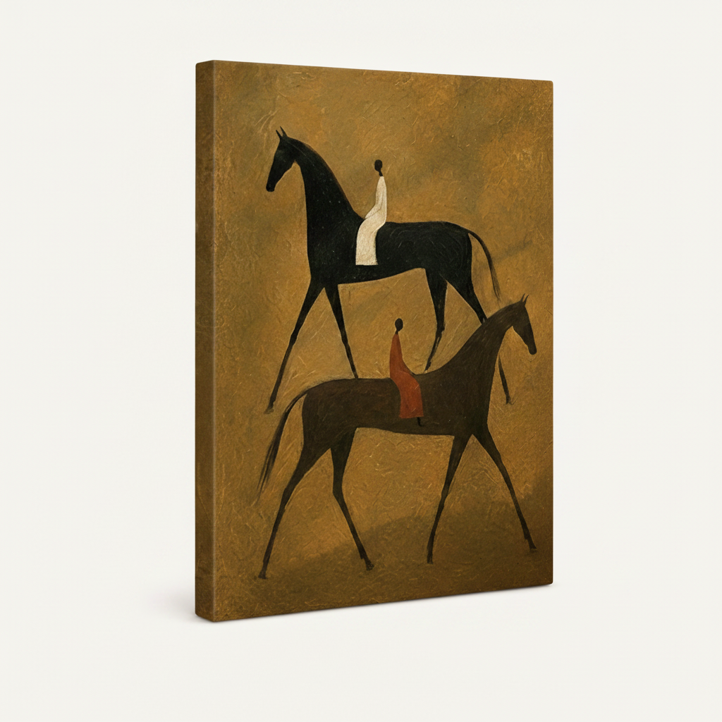 Gallery-wrapped canvas side view of minimalist equestrian print showing warm ochre edges and painted texture detail