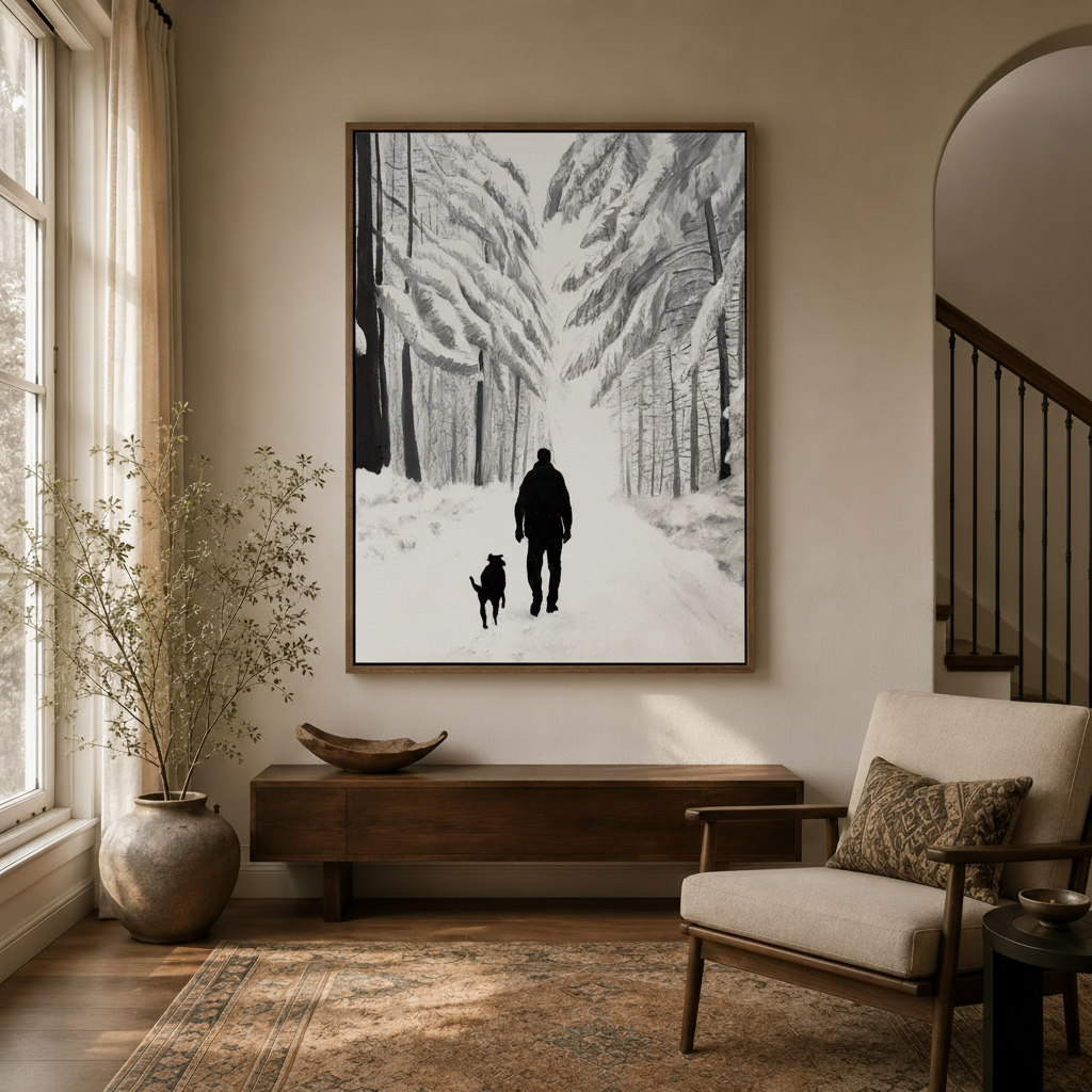 Black and white man and dog canvas print hanging above wooden console in neutral modern entryway