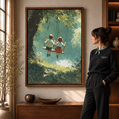 Framed forest swing canvas above a walnut console, viewed by a woman near tall bookshelves.