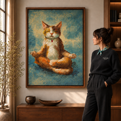 Whimsical meditating cat canvas wall art displayed in a warm living room.