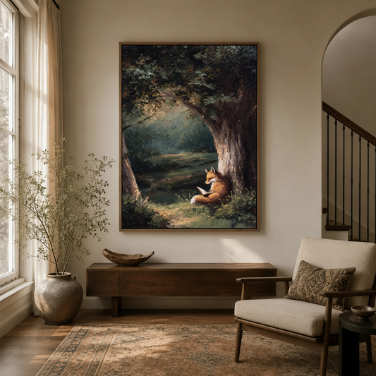 Fox reading book woodland canvas wall art in walnut frame above console table in warm neutral entryway