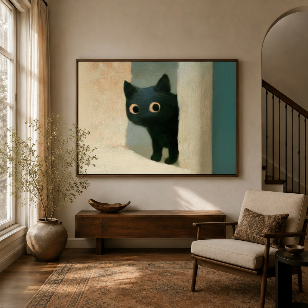 Whimsical black cat canvas print displayed in a warm neutral entryway above a console