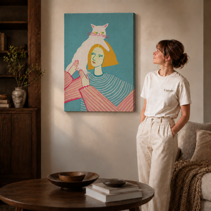 Whimsical white cat portrait canvas hanging above a sofa in a bright room.