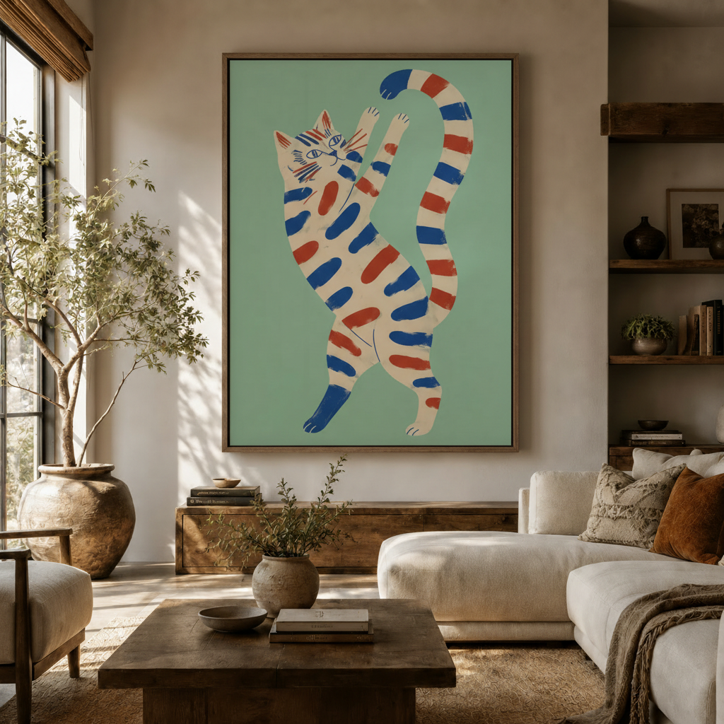 Bold blue and red striped cat canvas print displayed above a white sofa in a warm boho living room