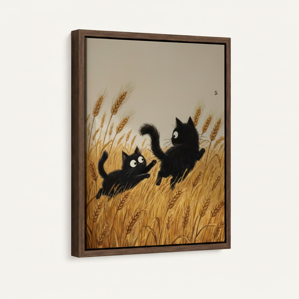 Framed black cat wheat field canvas print angled product view showing walnut wood frame and cream background