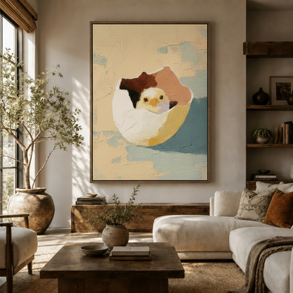 Textured chick canvas print displayed above a white linen sofa in a bright boho living room