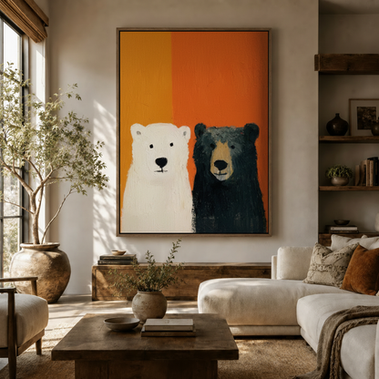 Two bears oil painting canvas print displayed on a living room wall with linen sofa and natural accents