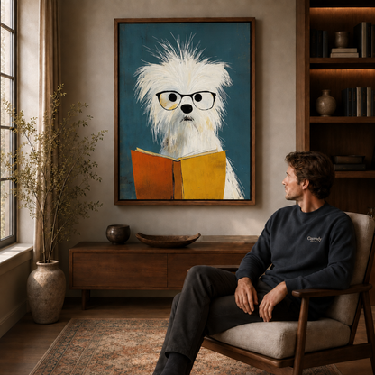 Funny white dog reading canvas art above a seated viewer.
