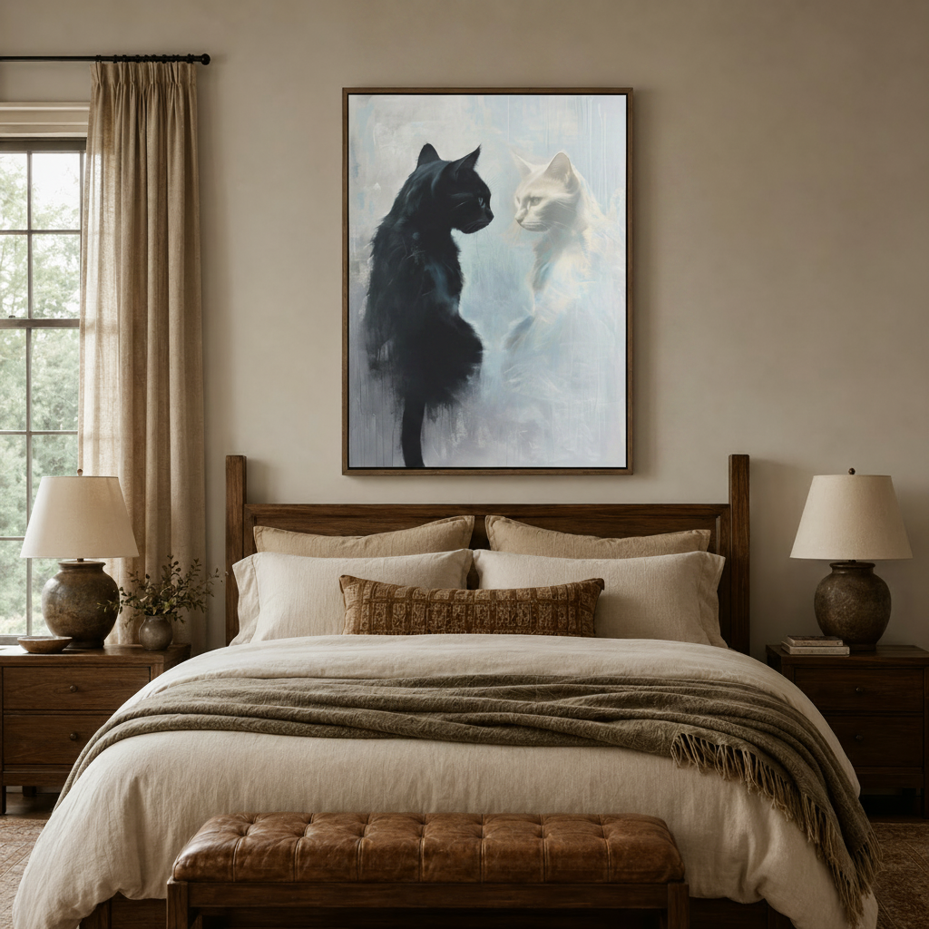 Impressionist cat canvas print above a wood-frame bed in a cozy earth-tone master bedroom