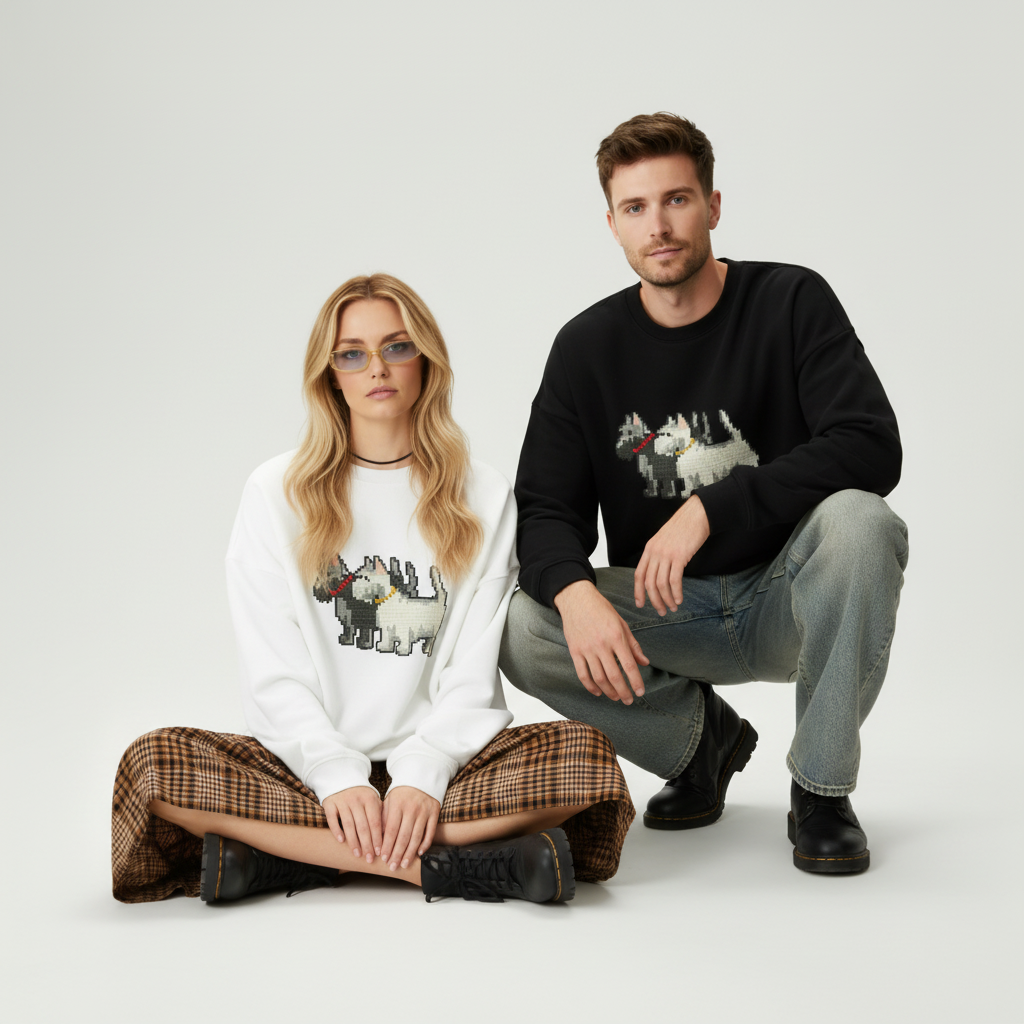 Two Westie Dogs Pixel Duo Graphic Crewneck C1081