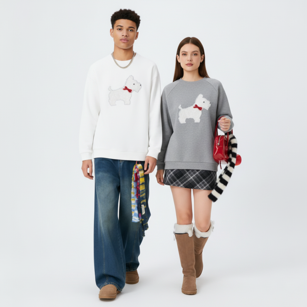 Fluffy White Scottie Red Bow Crewneck C1084