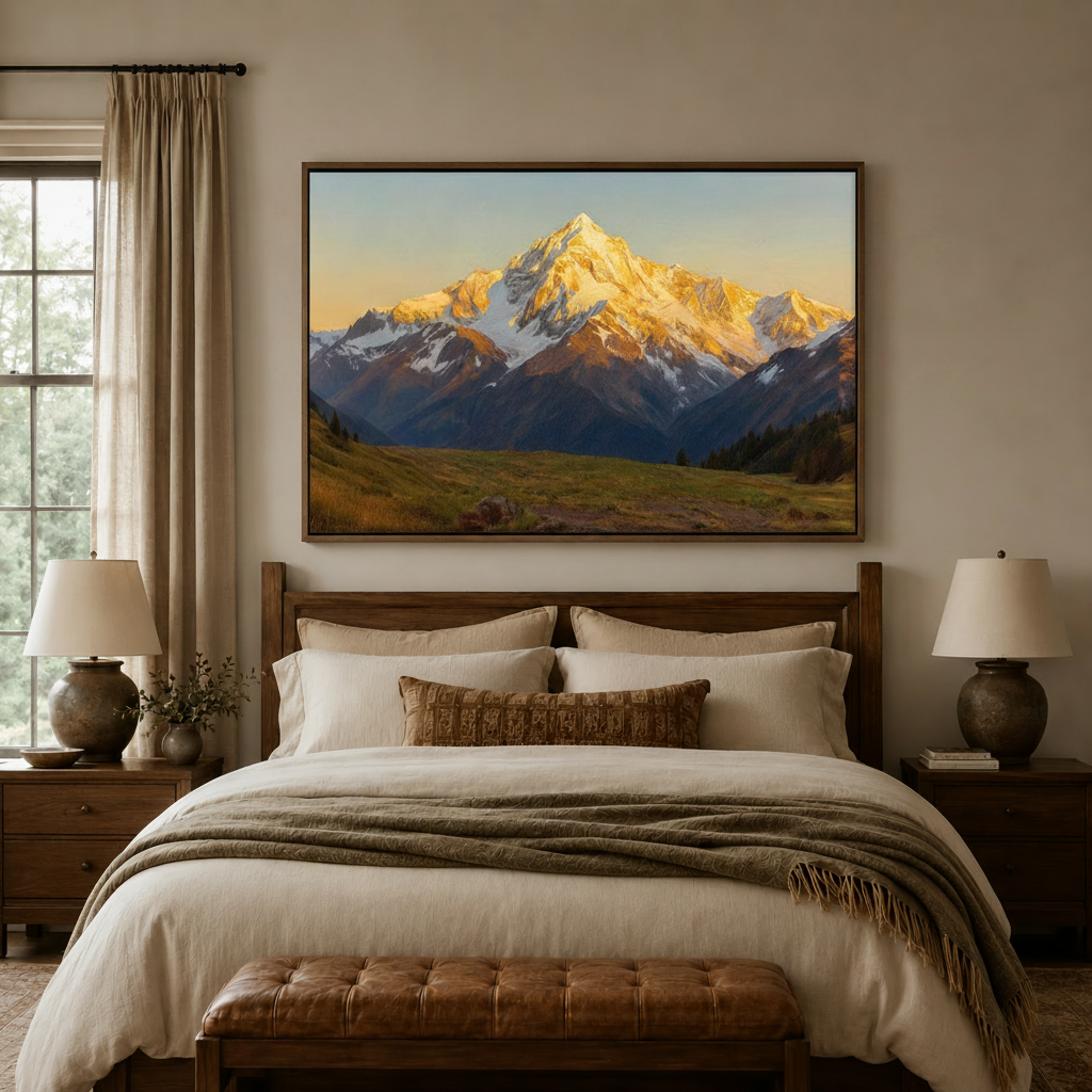 Alpenglow snow mountain oil painting canvas wall art centered above wooden bed in cozy bedroom with ceramic lamps
