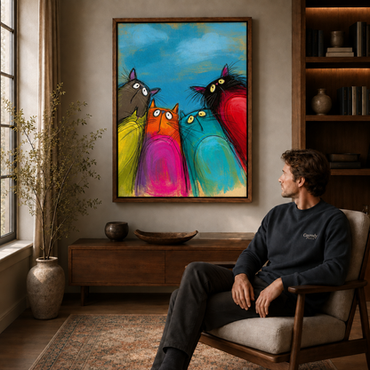 Whimsical cat canvas wall art displayed above a sideboard next to a man in a reading chair