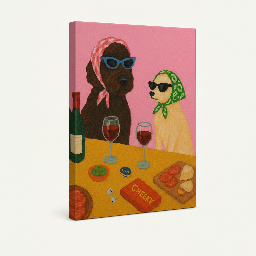 Gallery wrapped cheeky dogs wine party canvas print displayed in angled 3D view on white background