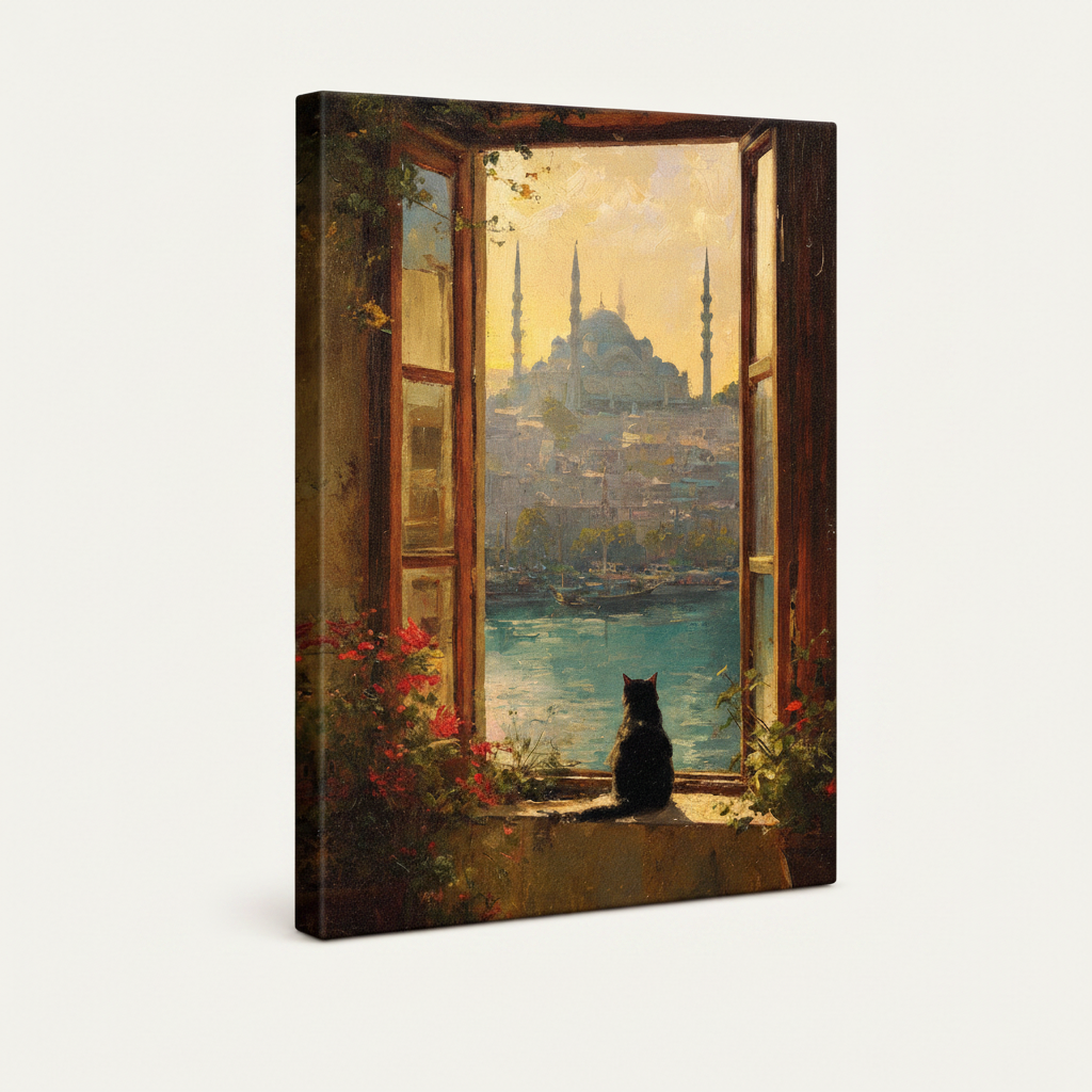 Gallery-wrapped canvas showing black cat on sunlit windowsill overlooking Istanbul bay and minarets