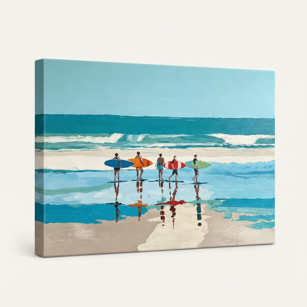 Gallery wrapped surfers beach oil painting canvas, side angle showing canvas depth