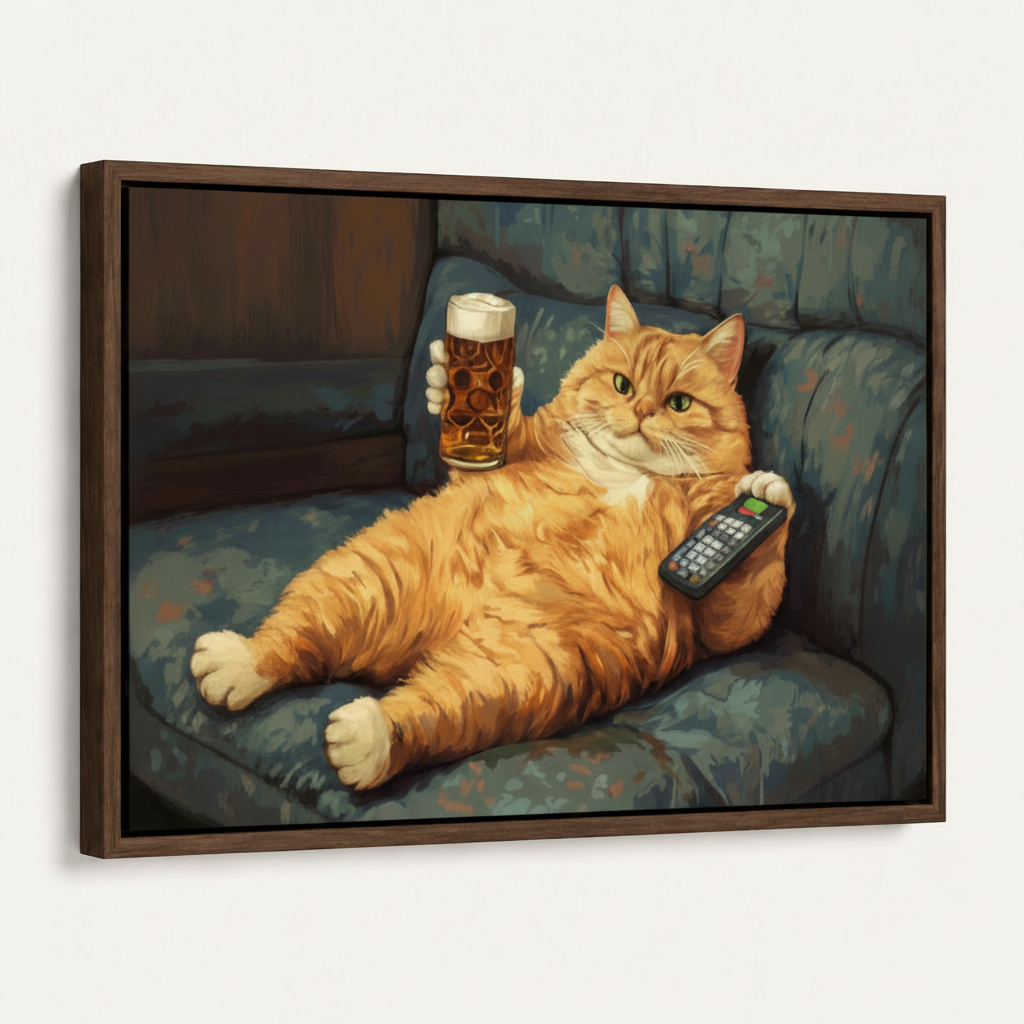 Funny cat beer canvas art in walnut float frame, orange tabby on couch with remote, angled product view