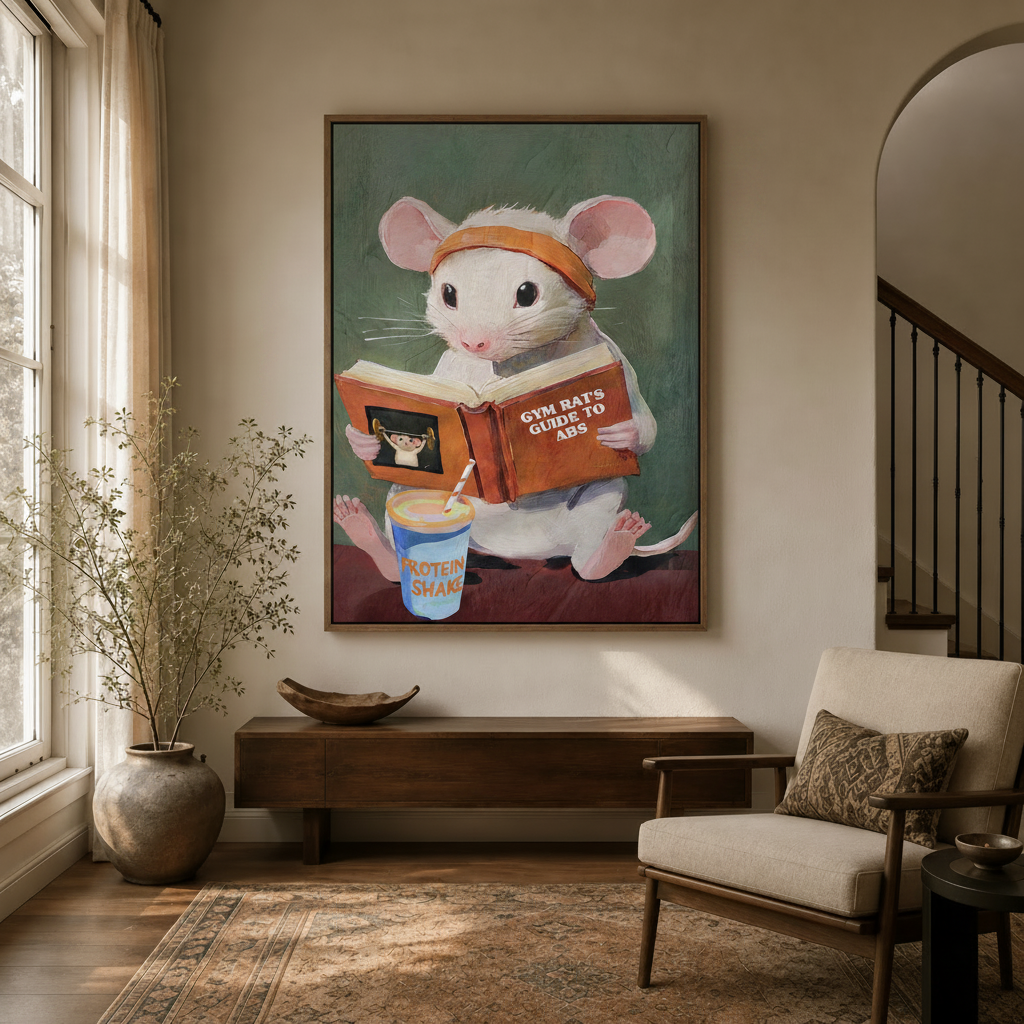 Gym rat mouse reading abs guide wall art displayed in bright entryway with arched staircase and linen armchair