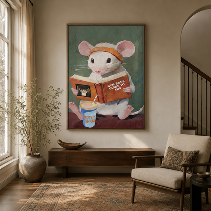 Gym rat mouse reading abs guide wall art displayed in bright entryway with arched staircase and linen armchair
