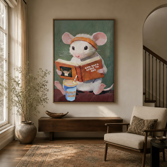 Gym rat mouse reading abs guide wall art displayed in bright entryway with arched staircase and linen armchair