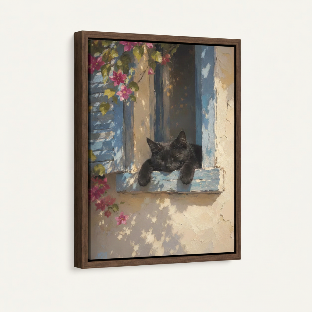 Black cat napping on blue shutter window ledge, framed canvas print with walnut frame on white background