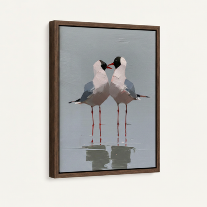 Framed canvas of two black-headed seagulls face to face in dark walnut floating frame, angled side view showing canvas depth