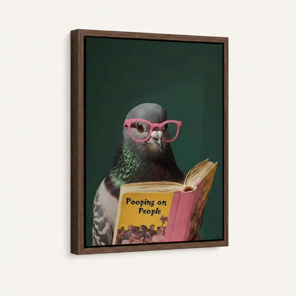 Funny pigeon in pink glasses reading book, framed canvas print with walnut wood frame on white background
