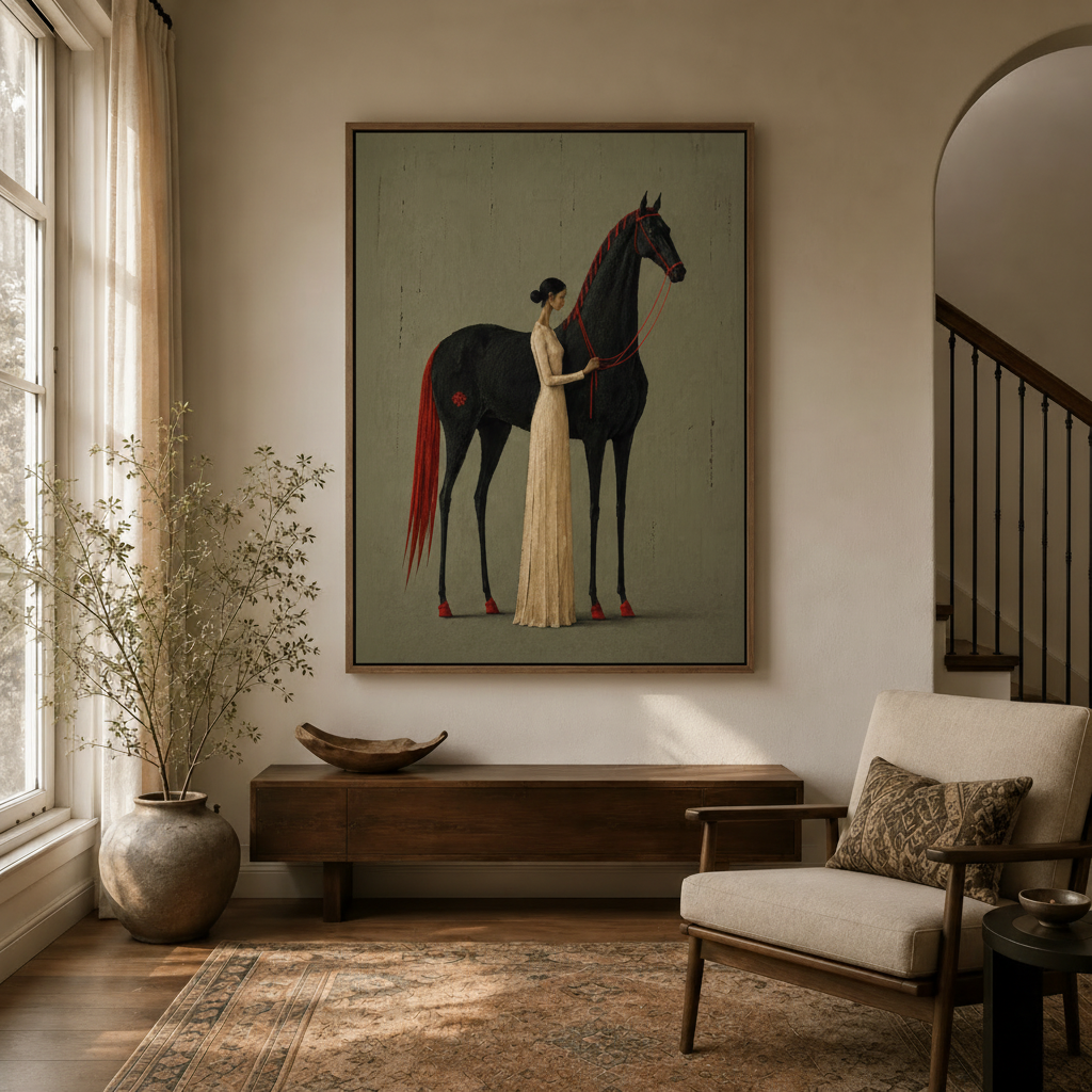 Dark equestrian canvas art displayed in a warm neutral entryway beside a wooden console