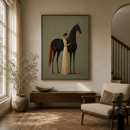 Dark equestrian canvas art displayed in a warm neutral entryway beside a wooden console