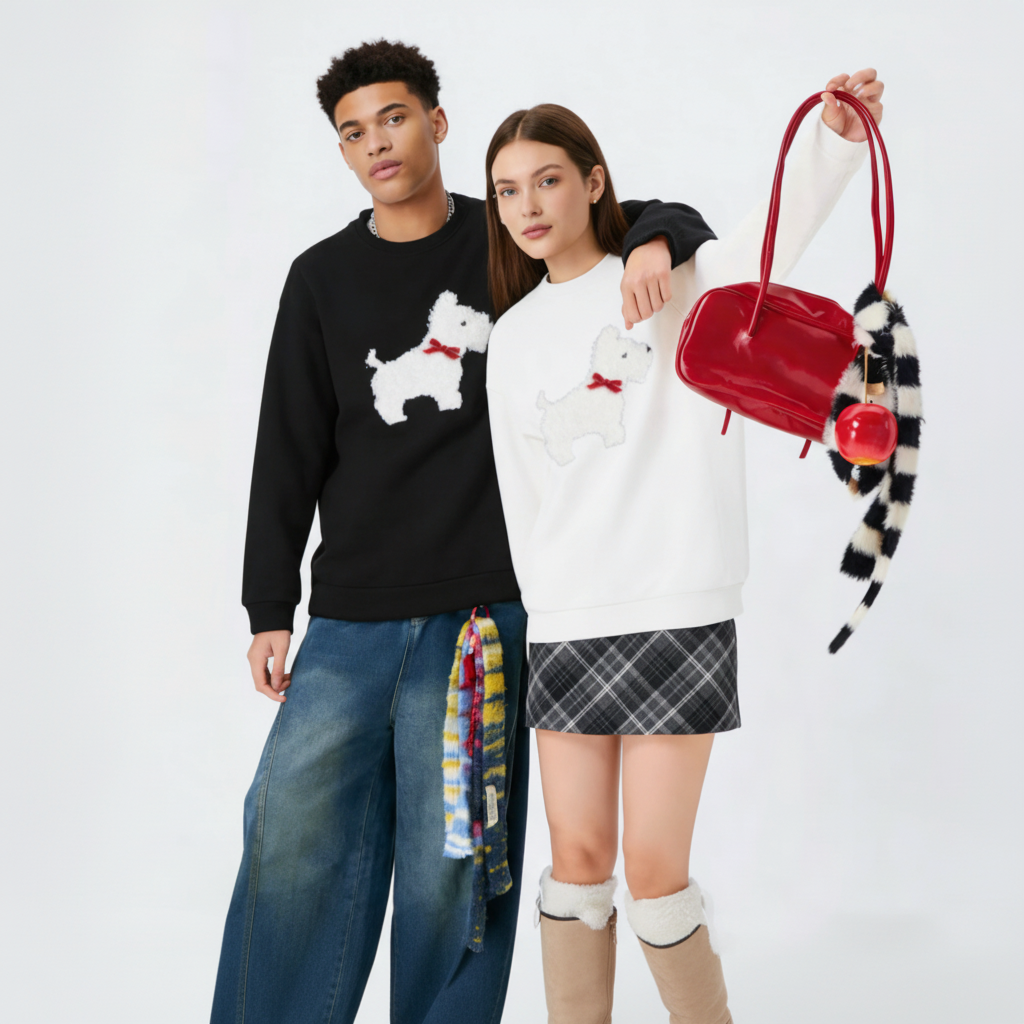 Fluffy White Scottie Red Bow Crewneck C1084