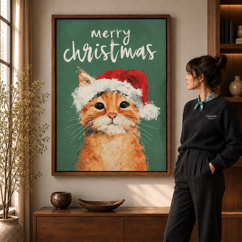 Framed Christmas canvas with a painterly orange tabby in a Santa hat beneath white holiday lettering.