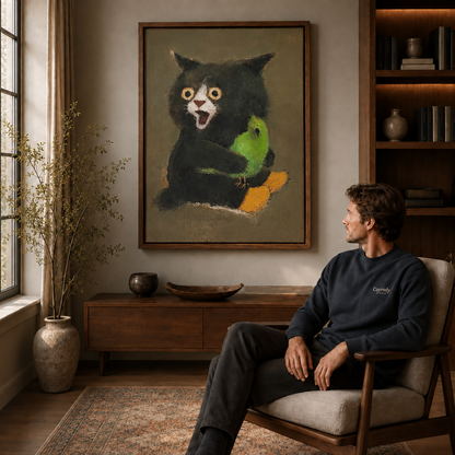 framed black cat and bright green bird wall art in a softly lit living room.