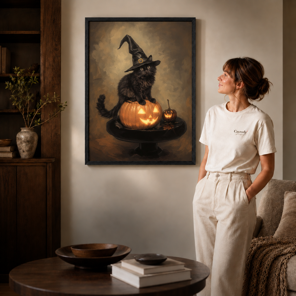 Black framed Halloween cat wall art with glowing jack-o’-lanterns in a modern living room